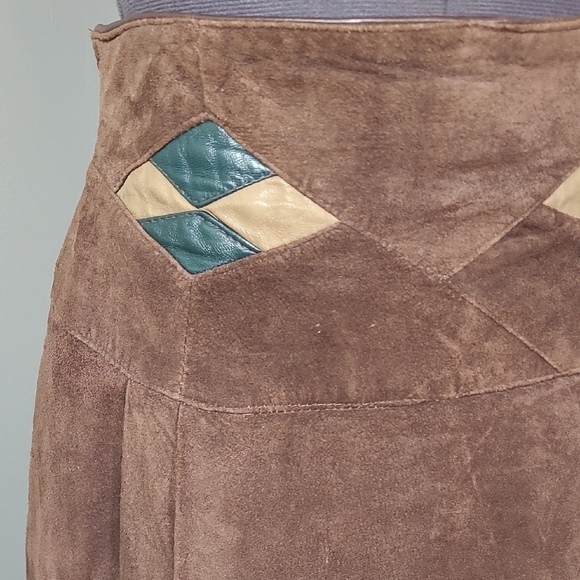 SM Real Suede Brown A-Line Skirt Vintage Genuine Leather Diamond Marquis - Picture 4 of 16